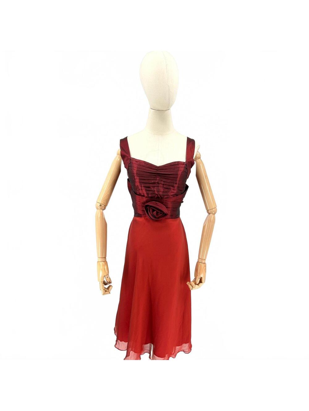 Vintage 50s Galatea Red 100% Silk Rosette Midi Dress